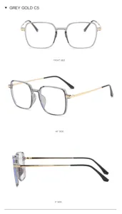Detailansicht der Vintage quadratischen Blaulicht-Brille mit grauem Rahmen und goldenen Bügeln.