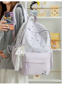 Japanese ins style cute dog print backpack, large capacity school bag for students, light purple.