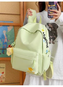 Light green nylon casual school backpack with cute embroidery flowers and large capacity.
