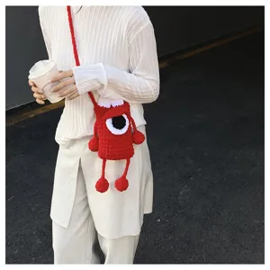 Handmade crochet red one-eyed monster crossbody phone bag cute cartoon knitted shoulder bag