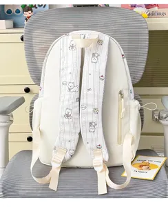 Cute Japanese style white canvas backpack with dog print large capacity school bag for students