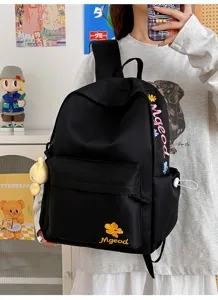 Black nylon student backpack with cute floral and letter embroidery for daily school use.