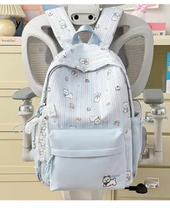 Japanese style cute dog print plaid backpack detail showcasing lace bow pendant and front pocket.