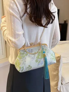 Chinesische Stil Stickerei Blumen Kuss-Verschluss Abendtasche Umhängetasche mit Perlenkette
