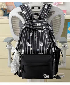 Cute Japanese style black striped school backpack with lovely dog prints and lace bow detail.
