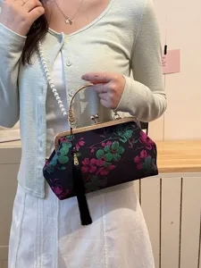 Chinesischer Retro Blumen Brokat Kussverschluss Handtasche mit Perlenriemen Quaste.