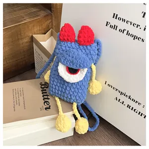 Handmade cute crochet one-eye monster crossbody phone bag, colorful knitted shoulder bag.