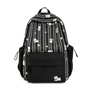 Japanese style cute puppy print black backpack, large capacity student school bag for daily use.
