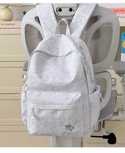 Light grey nylon school backpack for students, large capacity casual daypack daily use.