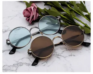 Vintage Steampunk runde Sonnenbrille für Damen und Herren, Retro Metallfassung Detailansicht.