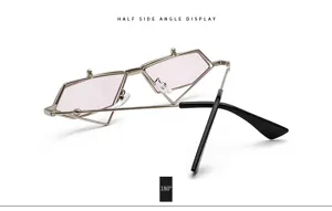 Unique metal frame flip up polygon sunglasses, half side angle view detail display.