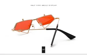 Geometric flip sunglasses with unique polygon red lenses and gold metal frame for trendy women.