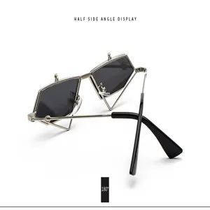 Trendy geometric flip sunglasses with metal frame and unique half side angle view.