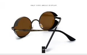 Steampunk Vintage runde Sonnenbrille mit Seitenschutz braunen Gläsern Metallrahmen Damen Herren.