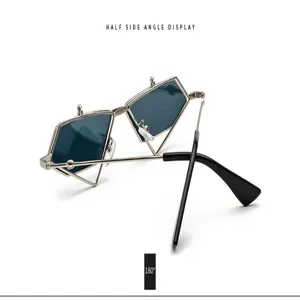 Unique geometric flip-top sunglasses with metal frame, trendy Harajuku style detail view.