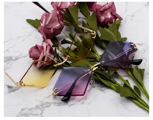 Irregular rimless sunglasses detail, gradient translucent lenses, metal frame, stylish streetwear.