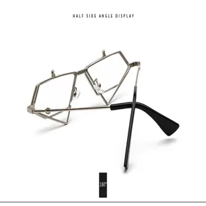 Geometric metal frame sunglasses detail view, unique avant-garde design, trendy eyewear.