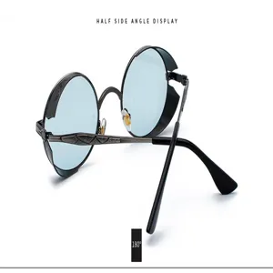 Vintage runde Steampunk Sonnenbrille fuer Herren und Damen mit seitlichen Schutzblenden.