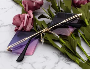 Detailed view of trendy rimless gradient sunglasses featuring unique geometric polygon lenses.