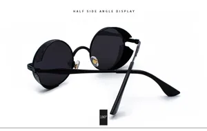 Vintage runde Steampunk Sonnenbrille mit Seitenschutz und Metallrahmen fuer Herren und Damen