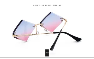 Rimless gradient polygon sunglasses detail, half side angle display, trendy eyewear.