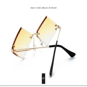 Trendy rimless gradient sunglasses featuring unique translucent lenses and sleek metal frames.