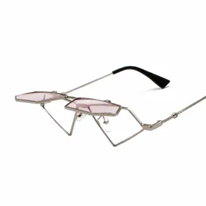 Trendy Harajuku inverted geometric sunglasses with unique pink lenses and metal frame.