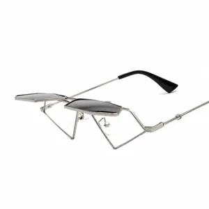 Trendy flip-up geometric metal sunglasses for women, unique Harajuku style shades.