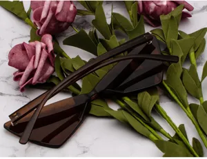 Primo piano dettagliato di occhiali da sole triangolari avant-garde alla moda marroni.