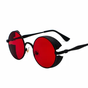 Steampunk runde Sonnenbrille Herren Damen Vintage rote Gläser Metallrahmen Gothic Brille