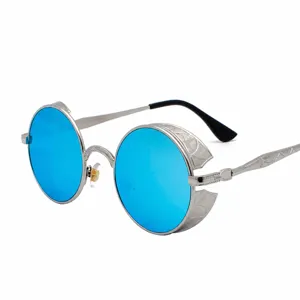 Vintage Steampunk Runde Sonnenbrille für Damen und Herren mit blauen Gläsern und Silberrahmen.