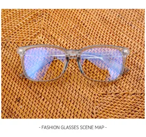 Gafas transparentes con bloqueo de luz azul, montura cuadrada elegante y detalles de metal.