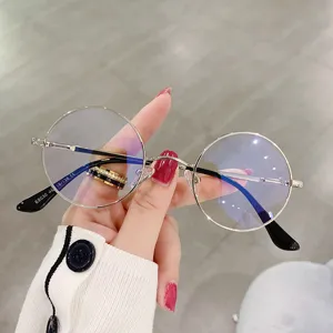 Klassieke vintage metalen ronde brillen voor dames, anti-blauwlicht heldere platte optische bril.