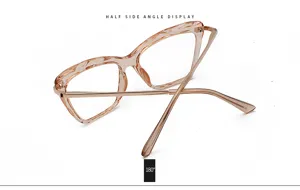 Half side angle detail view of the stylish butterfly frame glasses with champagne pink finish.