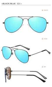 Detailansicht der Metallrahmen polarisierte Piloten-Sonnenbrille mit blauen Spiegelgläsern.