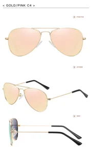 Goldene Metall Piloten-Sonnenbrille Detailansicht mit rosa polarisierten Gläsern im Mehrfachwinkel.