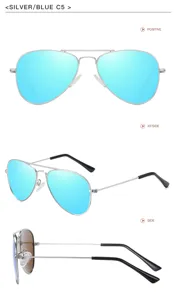 Detailansicht klassischer silberner Metallrahmen Piloten-Sonnenbrille mit blauen Gläsern.