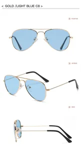 Goldener Rahmen hellblaue Linse Aviator polarisierte Sonnenbrille Detailansicht für Kinder.