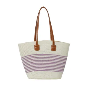 Stylish straw woven tote bag for women, large capacity beach shoulder bag with stripes.