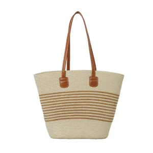 Fashion woven straw beach tote bag for women, large capacity contrast stripe shoulder bag.
