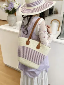 Women Woven Striped Raffia Tote Bag Large Capacity Straw Beach Vacation Shoulder Bag Contrast Color Handbag Shopping Bag