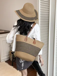 Fashion woven striped straw tote bag for women, large capacity beach shoulder handbag.