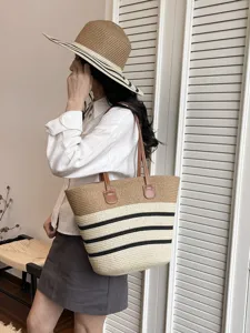 Fashion straw woven striped women tote bag large capacity commuter casual shoulder bag