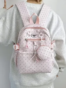 Joli sac à dos à pois roses avec petite pochette pour école quotidien loisir.