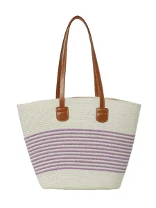 Fashion woven straw tote bag for women, large capacity striped beach shoulder handbag.