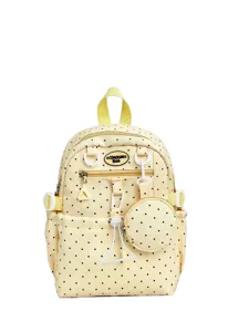 Sac à dos mignon style japonais à pois jaunes avec pochette avant et clips blancs pour étudiants.