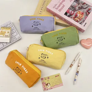Lucky Tiger Canvas Pencil Case Cute Cartoon Tiger Print Stationery Bag Large Capacity Makeup Pouch Portable Pen Organizer