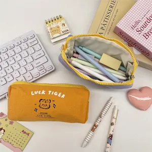 Canvas pencil case with cute tiger print and large capacity stationery storage bag for students.