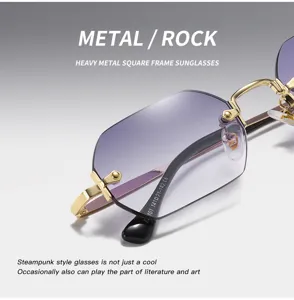 Metal rock style polygon rimless sunglasses with gradient purple lenses for men and women fashion.