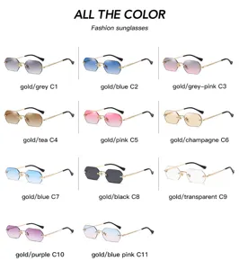 Fashion polygonal rimless sunglasses for men and women, trendy metal frame daily shades.